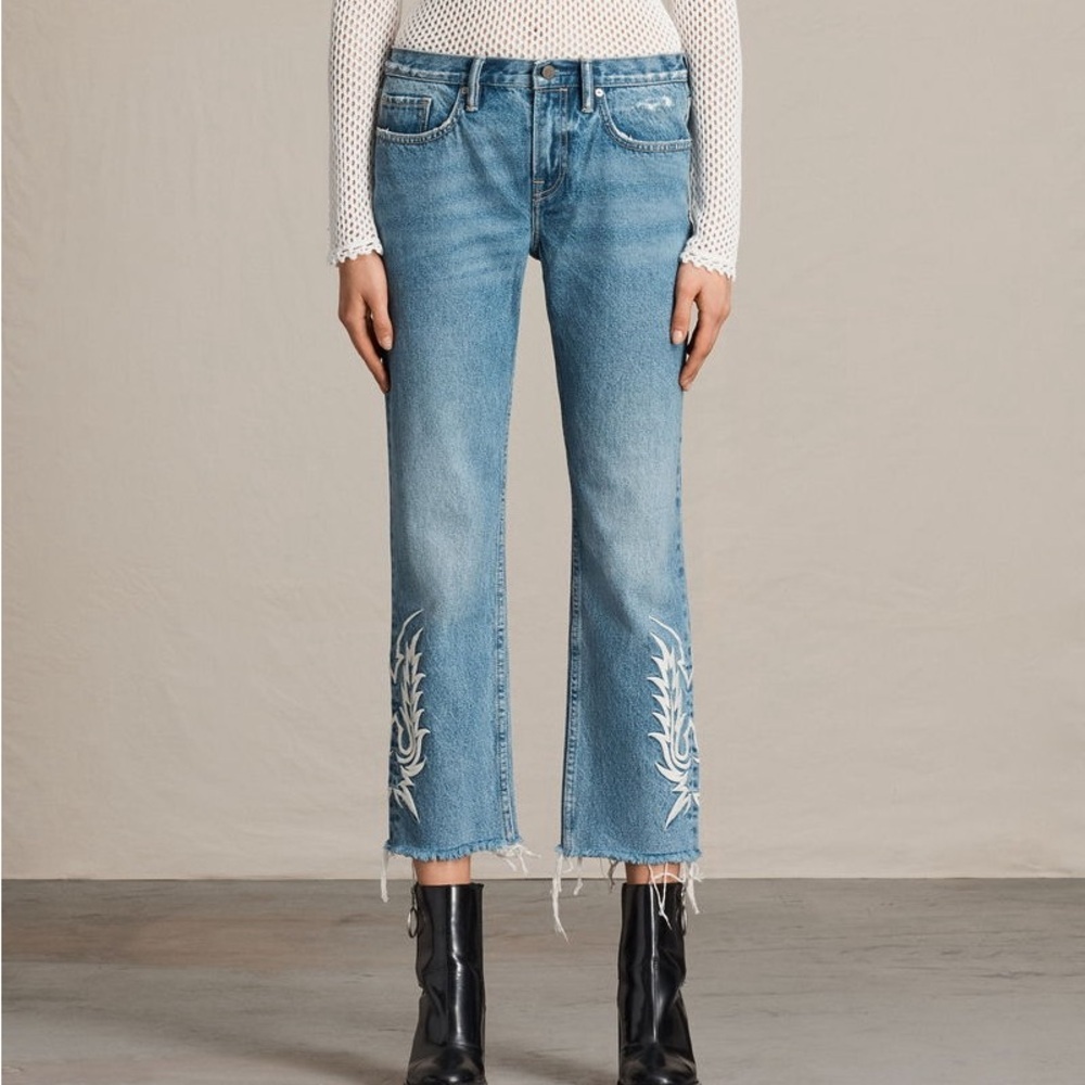 All Saints Philly Embroidered Blue Denim Jeans Raw Hem Size W25 - Picture 11 of 12